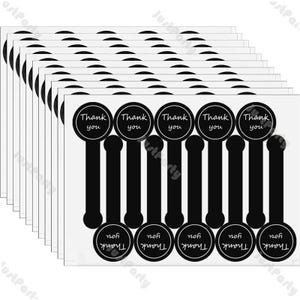 May include: A stack of white sticker sheets featuring black and white circular designs. Each sticker has the words "Thank you" in a circular design. The stickers have a black stem and a black circle at the bottom.