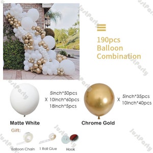 190pcs Matte White Chrome Gold Balloons Garland Arch Kit DIY Wedding ...