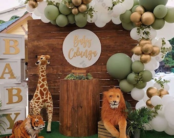 111pcs Eucalyptus Green White Gold Balloon Garland Set Jungle Safari Balloon Arch Kids Baby Shower 1st 2nd Birthday Party Baptism Decoration