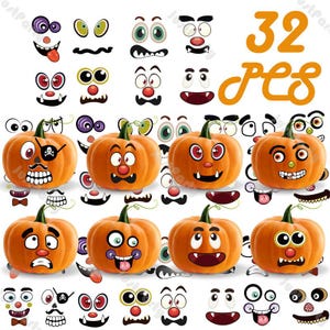 Op de afbeelding: Een assortiment oranje pompoenen met uitgesneden gezichten en een verzameling van 32 gezichtstickers. De pompoenen hebben verschillende uitdrukkingen, perfect voor Halloween-decoraties.