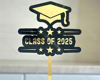 May include: A graduation cake topper featuring a gold mortarboard and the text "CLASS OF 2025" in gold lettering on a black background. The topper includes gold stars and is attached to a gold stick.