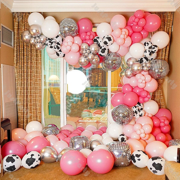 101/130/184pcs Disco Cowgirl Balloon Garland Kit Baby Pink Hot Pink Cow Print Latex Balloon Arch Kit Lets Go Girl Birthday Baby Shower Decor