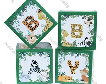 Caja de globos para fiesta de jungla para baby shower, caja de globos para bebé, decoración para fiesta de cumpleaños, conjunto de 4 cajas decorativas con letras para bebé.