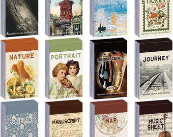May include: Set of 12 vintage-style sticker packs with various themes, including celestial, building, painting, stamps & tickets, nature, portrait, reminiscence, journey, bohemian, manuscript, map, and music sheet. Each pack contains 50 stickers.