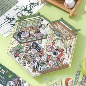 Petit kit d'autocollants 3D bricolage de style opéra chinois conçu pour construire des mondes miniatures, autocollants décoratifs, autocollants auto-adhésifs de scène de chambre