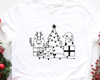Cats and Christmas Shirt, Christmas Cats Shirt, Cute Cat Christmas Shirt, Cat and Christmas Tree, Funny Christmas Shirt, Cat with Santa Hat