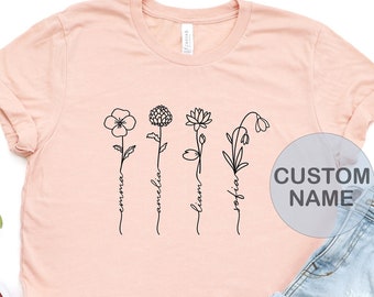 Custom Birth Month Birth Flower Shirt with Kids Names, Personalized Kids Name Gift for Mom, Mothers Day Gift, Custom Kid's Names Mom Shirt