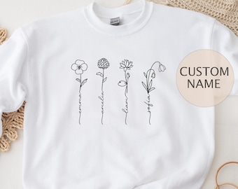 Custom Birth Month Birth Flower Sweatshirt with Kids Names, Personalized Kids Name Gift for Mom, Mothers Day Gift, Custom Kid's Names Hoodie