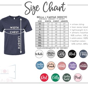May include: Size chart for Bella + Canvas 3001CVC unisex jersey t-shirts. The chart shows measurements in inches for width, chest, and length for sizes XS to 5XL. The chart also includes information about the fabric composition, including cotton and polyester percentages for solid colors and heather colors.