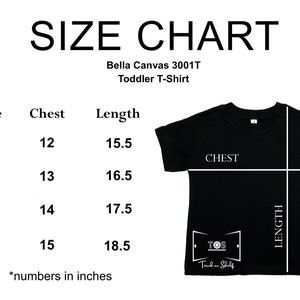 May include: Size chart for Bella Canvas 3001T Toddler T-Shirt. The chart shows chest and length measurements in inches for sizes 2T, 3T, 4T, and 5T.