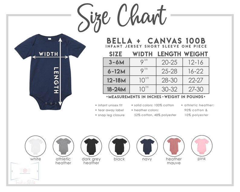 May include: Size chart for Bella + Canvas 100B infant jersey short sleeve one-piece. The chart shows sizes from 3-6 months to 18-24 months, with corresponding width, length, and weight measurements in inches and pounds. The chart also includes information about the fabric composition for solid colors and heather colors.