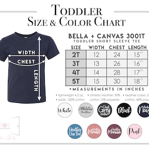 K&ouml;nnte beinhalten: Gr&ouml;&szlig;entabelle f&uuml;r das Bella + Canvas 3001T Kurzarm-T-Shirt f&uuml;r Kleinkinder. Die Tabelle zeigt die Gr&ouml;&szlig;en 2T, 3T, 4T und 5T mit den entsprechenden Ma&szlig;en f&uuml;r Breite, Brustumfang und L&auml;nge in Zoll. Die Tabelle enth&auml;lt auch Farboptionen: Wei&szlig;, Athletik-Heather, Dunkelgrau-Heather, Schwarz, Marine, Heather Deep Teal, Heather Mauve, Heather Maroon und Pink.