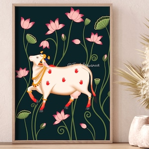 Indian Pichwai Cow Art Print with Lotus, Indian Lotus Poster, Des Pichwai Print, South Indian Art, Ethnic Hindu Painting, South Asian Art