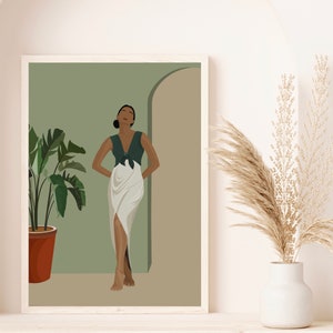May include: A digital illustration of a person standing in a doorway. The person is wearing a green top with a white skirt and has dark hair. The background is a muted green color.