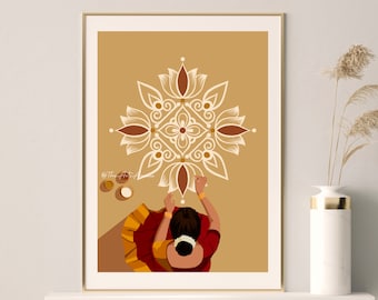 Indisk kvinna som gör rangoli-konstverk Kolam-väggkonst Diwali-konst Tamil sydasiatisk modern indisk konst Sydindisk konst Tamil konst Digital konst