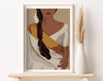 South Asian Art, Brown Girl Art, Tamil girl, South Asian Wall Art, Desi Girl, Desi illustration, American Indian Art, Indian Wall Art