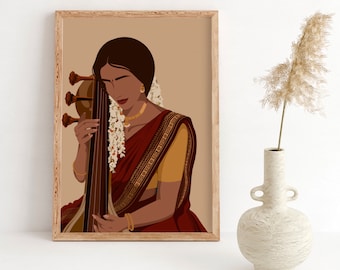 Indian Art, Desi Art, Veena art, Sitar Art, Indian Wall Art, South Asian Art, Tamil, South Indian Art, Desi, Desi Prints, Brown Girl, Indian