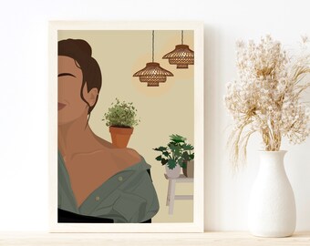 Könnte beinhalten: Eine digitale Illustration einer Frau mit braunen Haaren, die ein grünes Hemd trägt. Der Hintergrund ist hellbeige mit drei hängenden Weidenpendelleuchten und zwei Topfpflanzen.