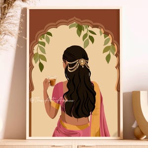 Indian Woman Drinking Chai Art, Desi Plant Mom, South Asian, Bangladeshi Art, Coffee Lover Portrait, Tea Lovers Art, Modern Indian Retro Art
