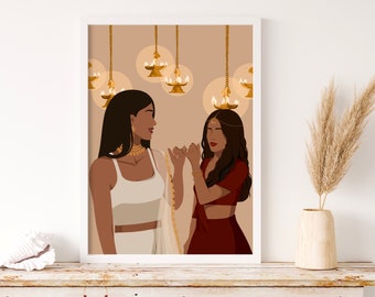 May include: Two women in traditional Indian clothing stand under a canopy of golden lights, holding hands and smiling at each other. The woman on the left is wearing a white top and a white skirt, while the woman on the right is wearing a red top and a red skirt. The background is a light brown color.