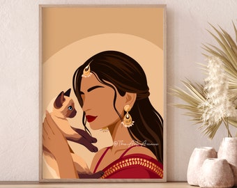 Arte indiana de senhora dos gatos, arte de gato, impressão de gato, arte de mãe de gato, arte desi, arte de parede indiana, impressão do sul da Índia, arte de menina morena, pintura do sul da Ásia, arte indiana