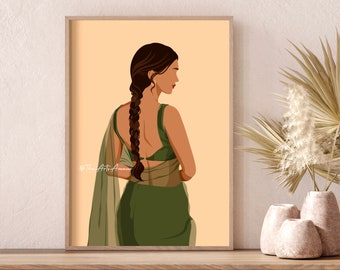 Arte feminina indiana, arte desi, arte tâmil, arte tâmil do sul da Ásia, arte de parede indiana, arte de menina morena, arte indiana moderna, arte do sul da Índia, arte digital desi.