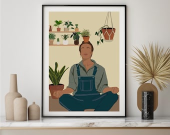 Girl Meditating With Plants Wall Art Print, Crazy Plant Lady, Yoga Wall Art, Plant Lover Gift, Gift For Her, Plant Mom Art, Art Prints