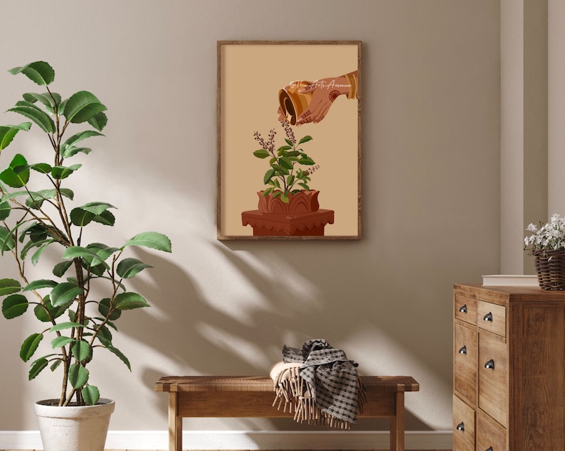 May include: A digital illustration of a hand pouring water from a golden pitcher onto a potted tulsi plant. The plant is in a terracotta pot with a decorative base. The background is a light beige color.