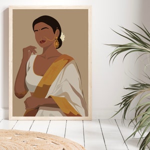 May include: A digital illustration of a woman wearing a white and gold sari with a flower in her hair. The background is a light brown color.