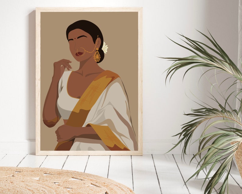 May include: A digital illustration of a woman wearing a white and gold sari with a flower in her hair. The background is a light brown color.