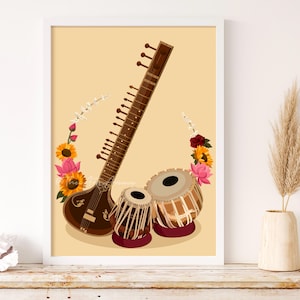 Tabla Art, Sitar Poster, Veena Art, Indian Wall Art, Music Instrument Art, Indian Drum Poster, Musicians Gift, South Indian Art, Tamil Art