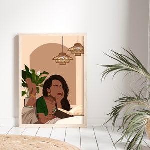 May include: A digital illustration of a woman with long dark hair, wearing a green sari, lying on a bed and reading a book. The background is a peach color with a brown archway and two hanging wicker lights.