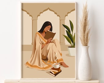 Puede incluir: Una mujer con un sari beige se sienta en el suelo de una habitación con arcos, leyendo un libro. Tiene una taza de té y una pila de libros a su lado.