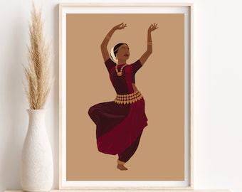 Arte mural de bailarina india, arte Bharatanatyam, arte indio, arte de chica morena, arte Desi, arte del sur de Asia, Tamil, arte mural del sur de Asia