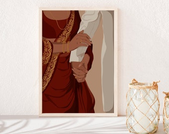 May include: A digital illustration of a couple holding hands. The woman is wearing a red and gold sari and the man is wearing a white shirt. The couple's hands are clasped together.