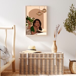 May include: A digital illustration of a woman reading a book in bed. The woman is wearing a green dress and has brown hair. The bed is white and has a brown headboard. There are plants and hanging lights in the background.