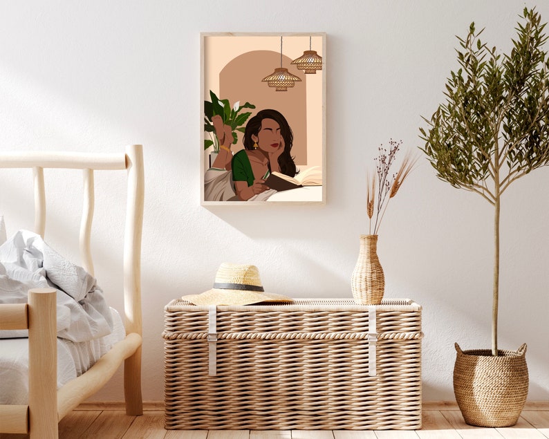 May include: A digital illustration of a woman reading a book in bed. The woman is wearing a green dress and has brown hair. The bed is white and has a brown headboard. There are plants and hanging lights in the background.