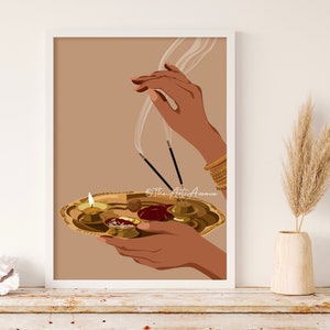 May include: A digital illustration of a person's hands holding a brass tray with a lit candle, incense sticks, and other offerings. The background is a light brown color.