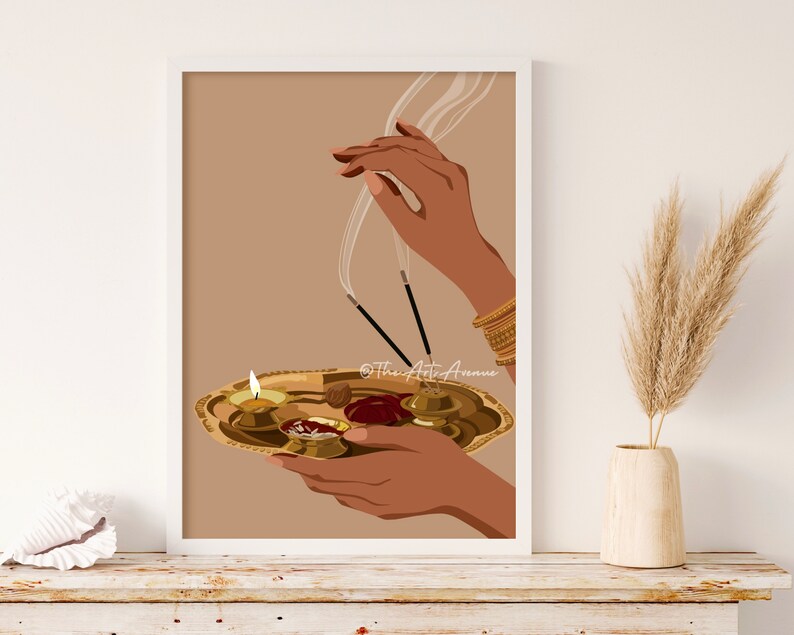 May include: A digital illustration of a person's hands holding a brass tray with a lit candle, incense sticks, and other offerings. The background is a light brown color.