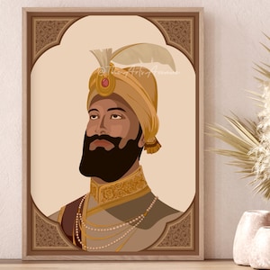 May include: A digital illustration of a man wearing a turban and a beard. He is wearing a gold and brown patterned robe and a necklace. The background is a light brown with a gold ornate frame.