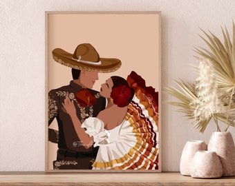 May include: A framed print depicts a couple in traditional Mexican attire. The man wears a brown charro suit and sombrero. The woman is in a white dress with a ruffled skirt and a red flower in her hair. The artwork has a warm color palette.