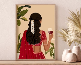 Modern Indian Woman Drinking Wine Art, Desi Art, Indian Wall Art, South Asian Art, Indian Art, Brown Girl, South Asian Prints, Desi Wine Art