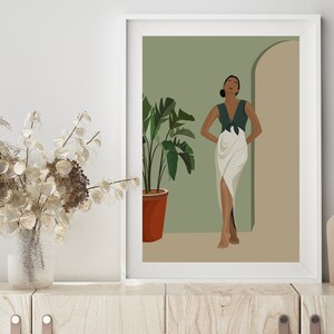 May include: A digital illustration of a person standing in a doorway with a plant in a terracotta pot to the left. The person is wearing a green halter top and a white skirt. The background is a light green color.