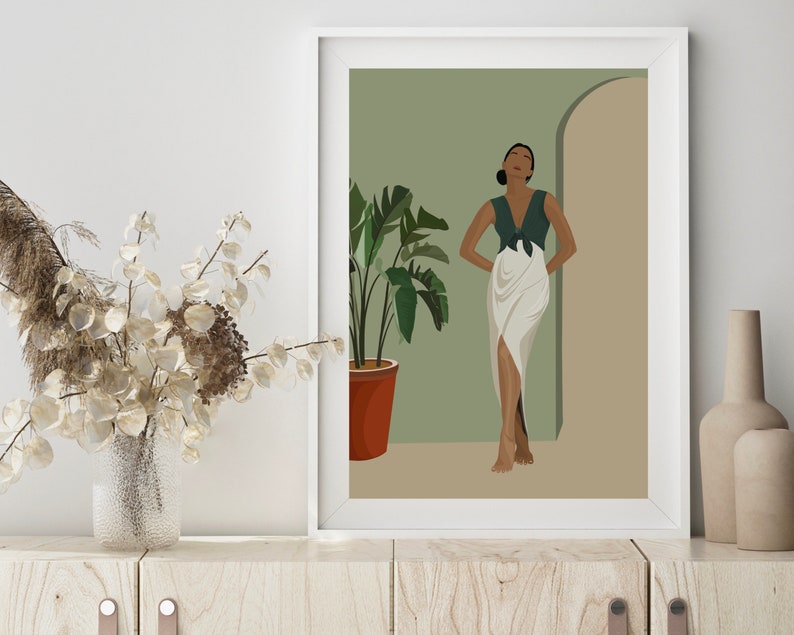 May include: A digital illustration of a person standing in a doorway with a plant in a terracotta pot to the left. The person is wearing a green halter top and a white skirt. The background is a light green color.