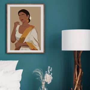 May include: A digital illustration of a woman wearing a white saree with gold accents. The woman has dark hair and brown eyes. The background is a light brown color.