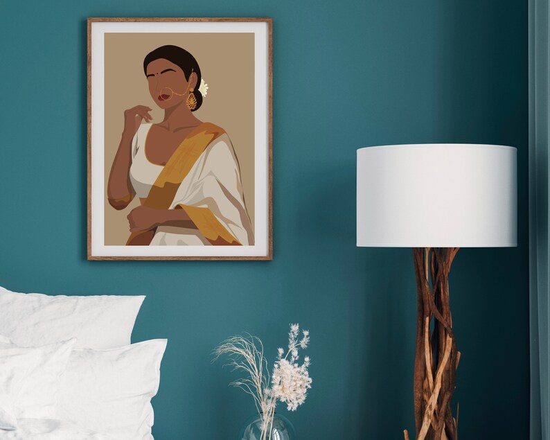 May include: A digital illustration of a woman wearing a white saree with gold accents. The woman has dark hair and brown eyes. The background is a light brown color.