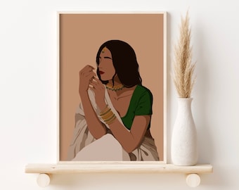 May include: A digital illustration of a woman wearing a green and white sari with gold jewelry. The woman has long dark hair and is looking to the side. The background is a light brown color.