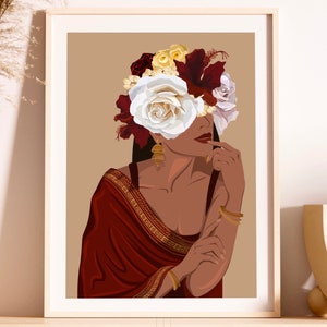 Indian Art, Indian Women Flower Head Art, Desi Art, Indian Wall Art, Flower Head Art, South Asian Art, Modern Indian Art, South Indian Art.
