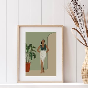 May include: A framed illustration of a person standing in a doorway with a plant in a terracotta pot. The person is wearing a green top and a white skirt. The background is a muted green color.