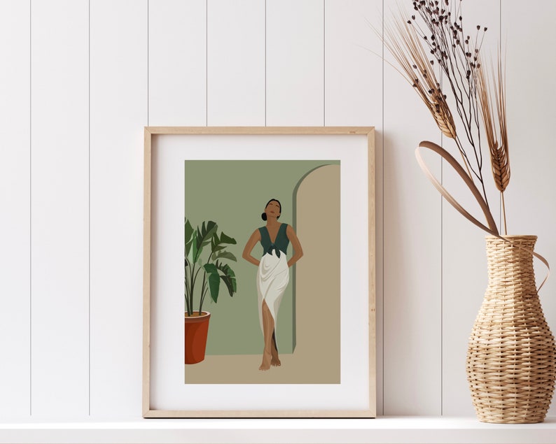 May include: A framed illustration of a person standing in a doorway with a plant in a terracotta pot. The person is wearing a green top and a white skirt. The background is a muted green color.